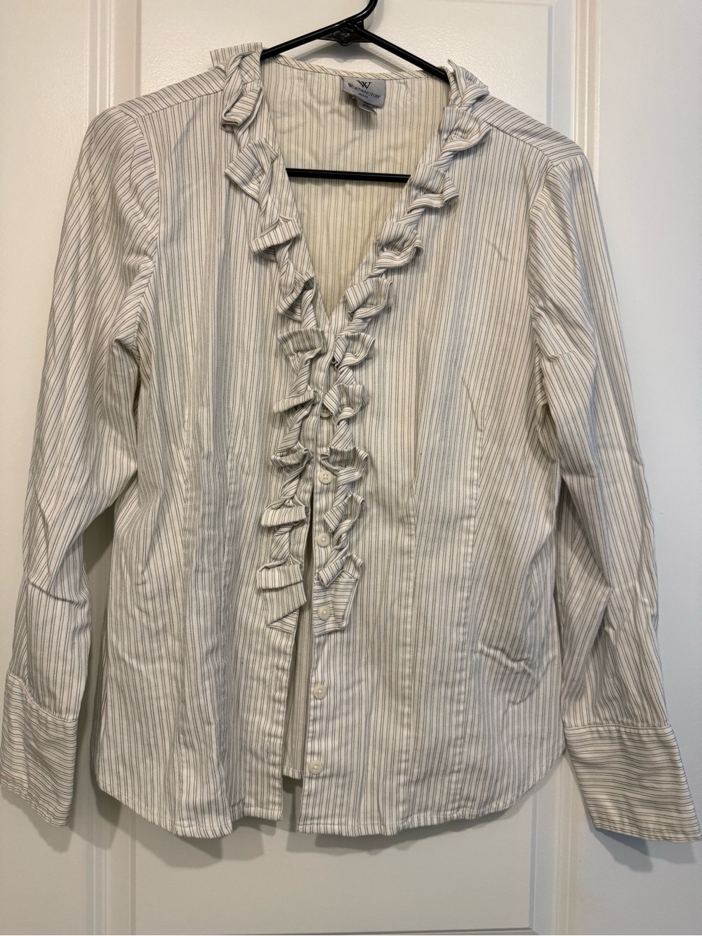 Worthington White and Gray Striped Ruffle Front Women’s Blouse, PL